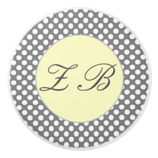 Pomo De Cerámica Amarillo y gris monogramado con puntos de Polka bl