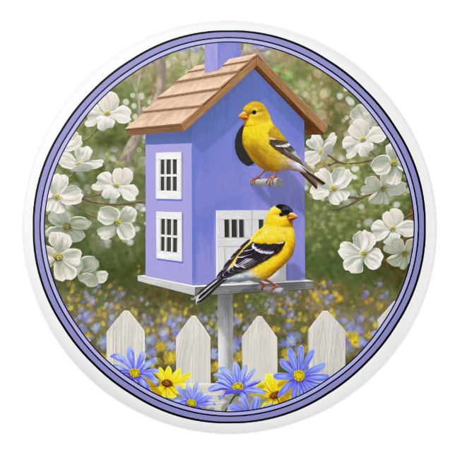 Pomo De Cerámica American Goldfinch Bird House Flower Garden (Anverso)