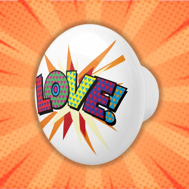 Pomo De Cerámica AMOR Fun Guay Retro Comic Book Pop Art (LOVE Fun Cool Retro Comic Book Pop Art Ceramic Knob)