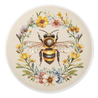 Pomo De Cerámica Amuleto de Corona Floral Abejorro Acuarela Cerámic