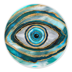 Pomo De Cerámica Amuleto de Ojo Malo acuarela canicas y oro