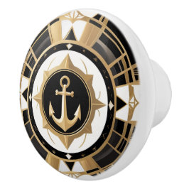 Pomo De Cerámica Ancla Art Deco Negro y Náutico Oro