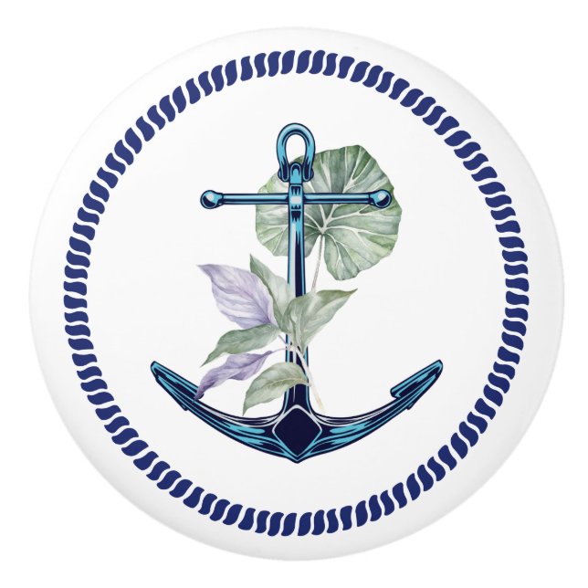 Pomo De Cerámica Ancla tropical con plantas y flores (Anverso)