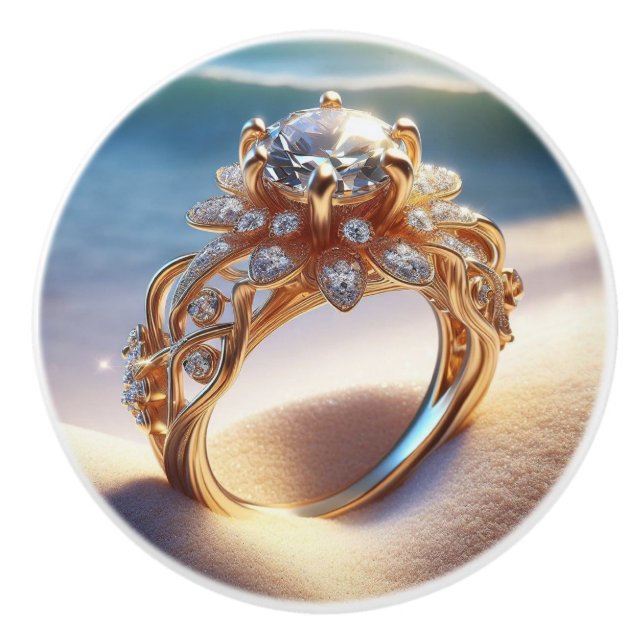 Pomo De Cerámica Anillo de oro de diamantes en la playa (Anverso)