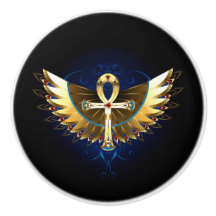 Pomo De Cerámica Ankh de oro con alas