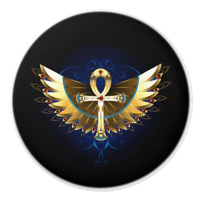 Pomo De Cerámica Ankh de oro con alas (Anverso)