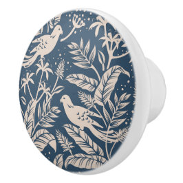Pomo De Cerámica Antiguo Chinoiserie Ave Floral Azul & Marfil