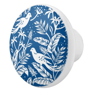 Pomo De Cerámica Antiguo Chinoiserie Bird Floral Blue & White