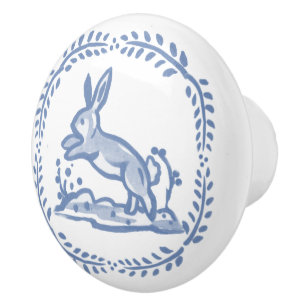 Pomo De Cerámica Antiguo Conejo Blanco Azul Delft Dedham