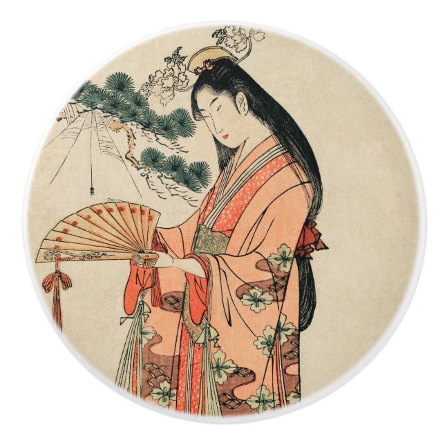 Pomo De Cerámica Antiguo dibujo de madera japonesa con mujer (Anverso)