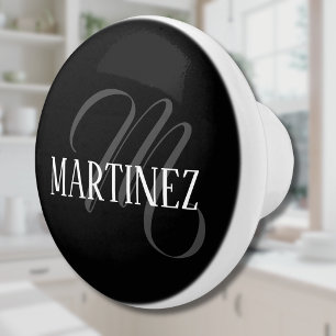 Pomo De Cerámica Apellido personalizado elegante negro Nombre