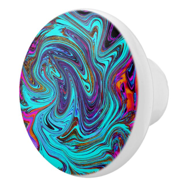 Pomo De Cerámica Aqua Blue and Black Groovy Resumen de arte retro (Derecha)