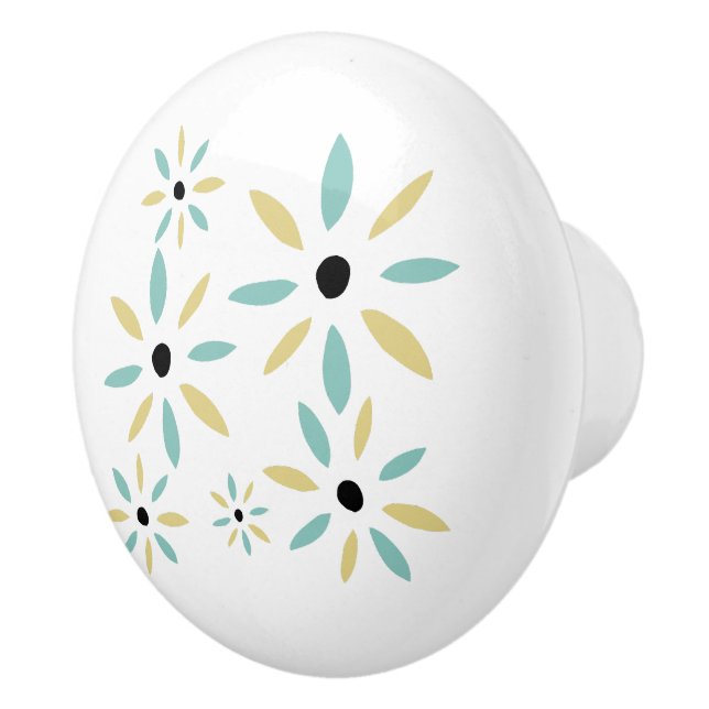 Pomo De Cerámica Aqua Blue And Yellow Mid Century Flowers (Derecha)