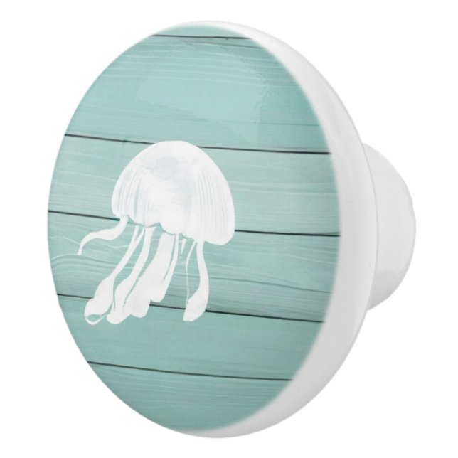 Pomo De Cerámica Aqua Blue Jellyfish Faux Wood Nautical Drawer knob (Derecha)