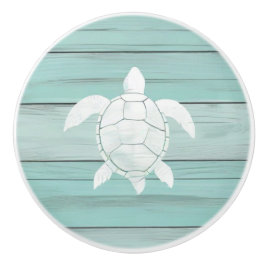 Pomo De Cerámica Aqua Blue Sea Turtle Faux Wood Drawer