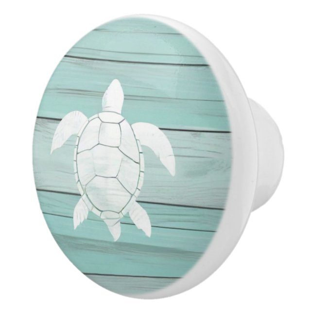 Pomo De Cerámica Aqua Blue Sea Turtle Faux Wood Drawer (Derecha)