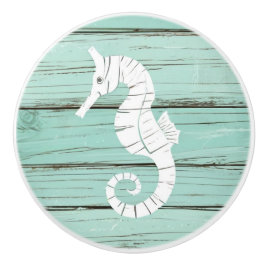 Pomo De Cerámica Aqua Blue Seahorse Faux Wood Drawer knob