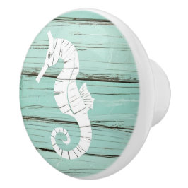 Pomo De Cerámica Aqua Blue Seahorse Faux Wood Drawer knob