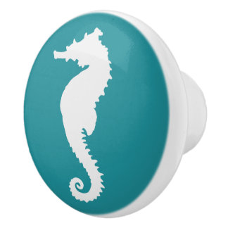 Pomo De Cerámica Aqua Turquoise and White Seahorse Nautical