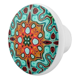Pomo De Cerámica Aqua Turquoise Naranja Verde azulado Arte de tribu