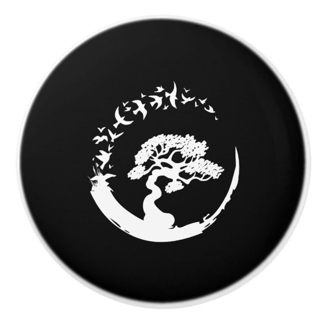 Pomo De Cerámica árbol bonsai pájaros enso japoneses manga larga (Anverso)