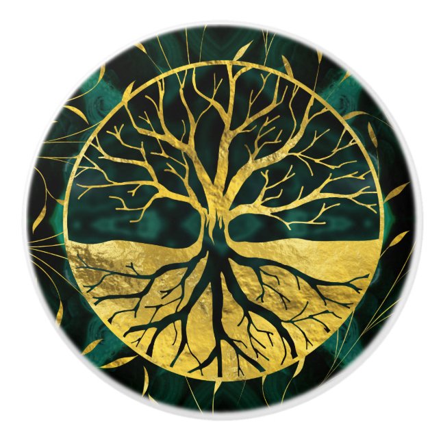 Pomo De Cerámica Árbol de la vida de oro Yggdrasil en la malaquita (Anverso)
