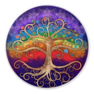 Pomo De Cerámica Árbol de vida Bizarda dorada y arco iris