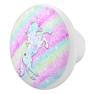 Pomo De Cerámica Arcoíris de Pastel Diamantes y Estrellas Unicornio