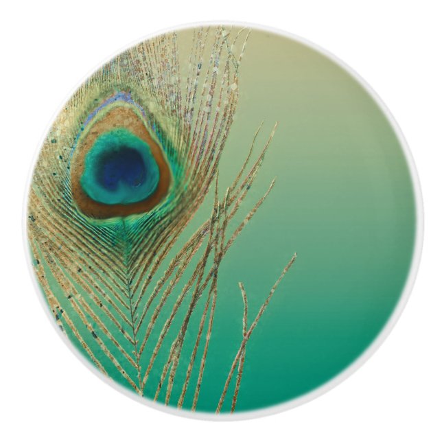 Pomo De Cerámica Arena de pluma de pavo real y elegante Boho Glam V (Anverso)