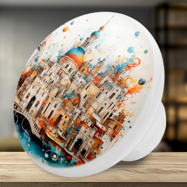 Pomo De Cerámica Arquitectura abstracta italiana (Ceramic Knob - Artsy Italian Architecture in Teal & Orange - Accent for Any Room)
