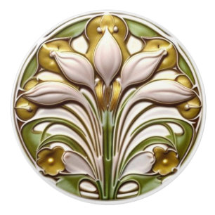 Pomo De Cerámica Art Deco Abstracto Floral Blanco Oro