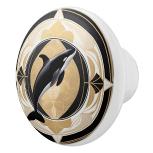 Pomo De Cerámica Art Deco Asesino Ballena Negro Orca de Oro Blanco