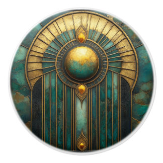 Pomo De Cerámica Art Deco dorado turquesa abstracto sol brillante