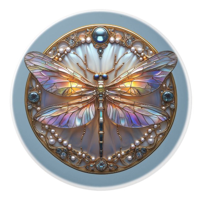 Pomo De Cerámica Art Deco Dragonfly Rainbow WIngs Gems Pearls (Anverso)