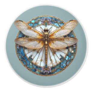 Pomo De Cerámica Art Deco Dragonfly Vidrio Manchado Oro rosa Azul