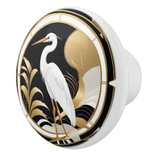 Pomo De Cerámica Art Decó Heron Bird Black White Gold