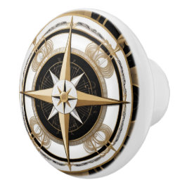 Pomo De Cerámica Art Deco Rosa de brújula náutica Oro blanco negro