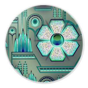 Pomo De Cerámica Art deco vintage floral geométrico verde azulado b