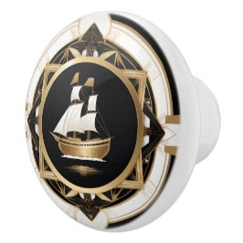 Pomo De Cerámica Art Deco Vintage Ship Black White Gold Nautical