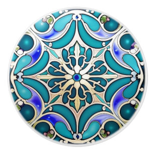 Pomo De Cerámica Art Nouveau Cream Aqua Blue Geometric