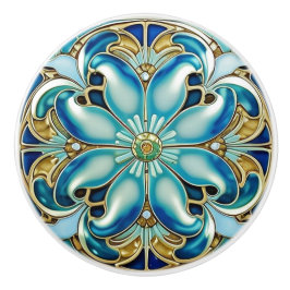 Pomo De Cerámica Art Nouveau Dorado Aqua Azul Geométrico