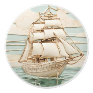 Pomo De Cerámica Art Nouveau Faux Relief Antiguo barco velero