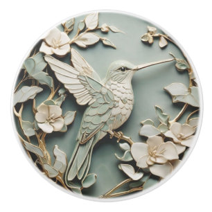 Pomo De Cerámica Art Nouveau Faux Relief Hummingbird Mint