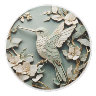 Pomo De Cerámica Art Nouveau Faux Relief Left Hummingbird Bird Mint