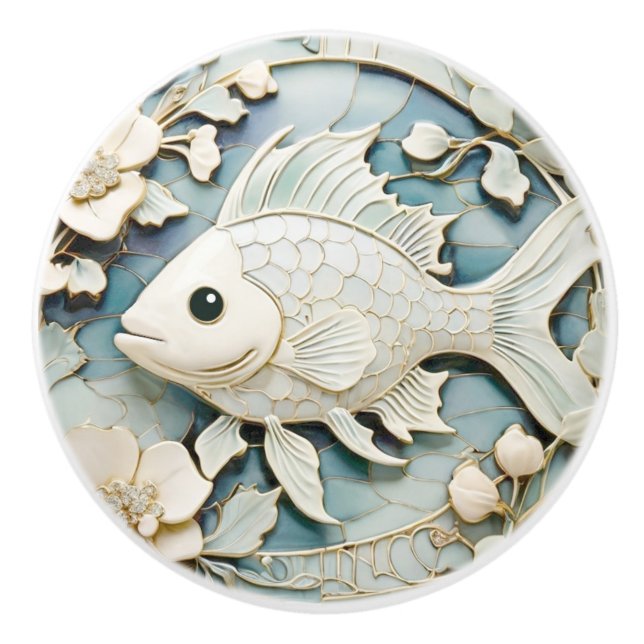 Pomo De Cerámica Art Nouveau Faux Relief Ocean Fish Right (Anverso)
