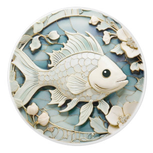 Pomo De Cerámica Art Nouveau Faux Relief Ocean Fish Right