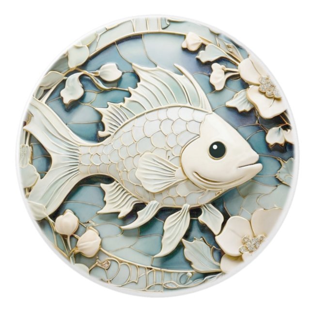 Pomo De Cerámica Art Nouveau Faux Relief Ocean Fish Right (Anverso)