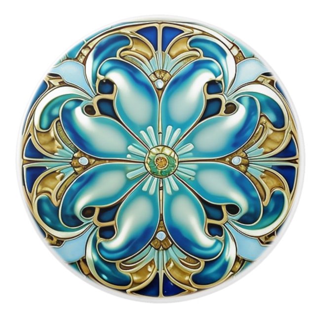 Pomo De Cerámica Art Nouveau Gold Aqua Blue Geometric (Anverso)