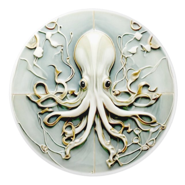 Pomo De Cerámica Art Nouveau Octopus Faux Relief Gold & Mint Pastel (Anverso)