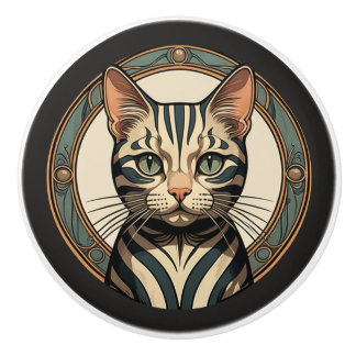 Pomo De Cerámica Art Nouveau Striped Cat